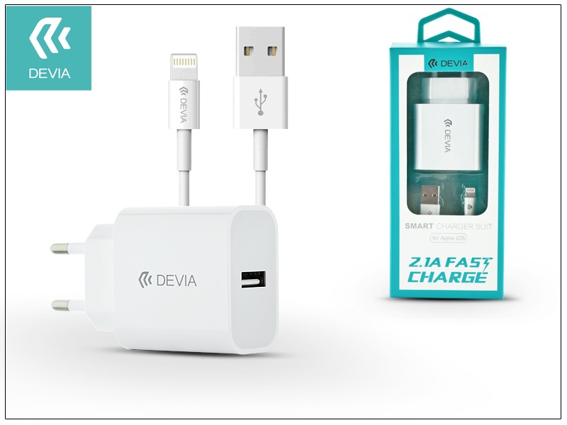 Devia ST300363 2,1A iPhone USB fehér hálózati töltő adapter + 1,2m lightning adatkábel