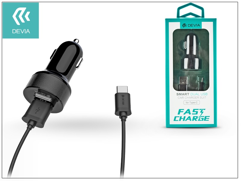 Devia ST301193 Smart 2,4A univerzális 2x USB fekete autós töltő + Type-C kábel