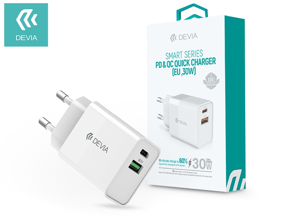 Devia ST354885 Type-C/USB bemenettel 30W - Smart PD3.0 + QC3.0 Quick Charger hálózati töltő adapter