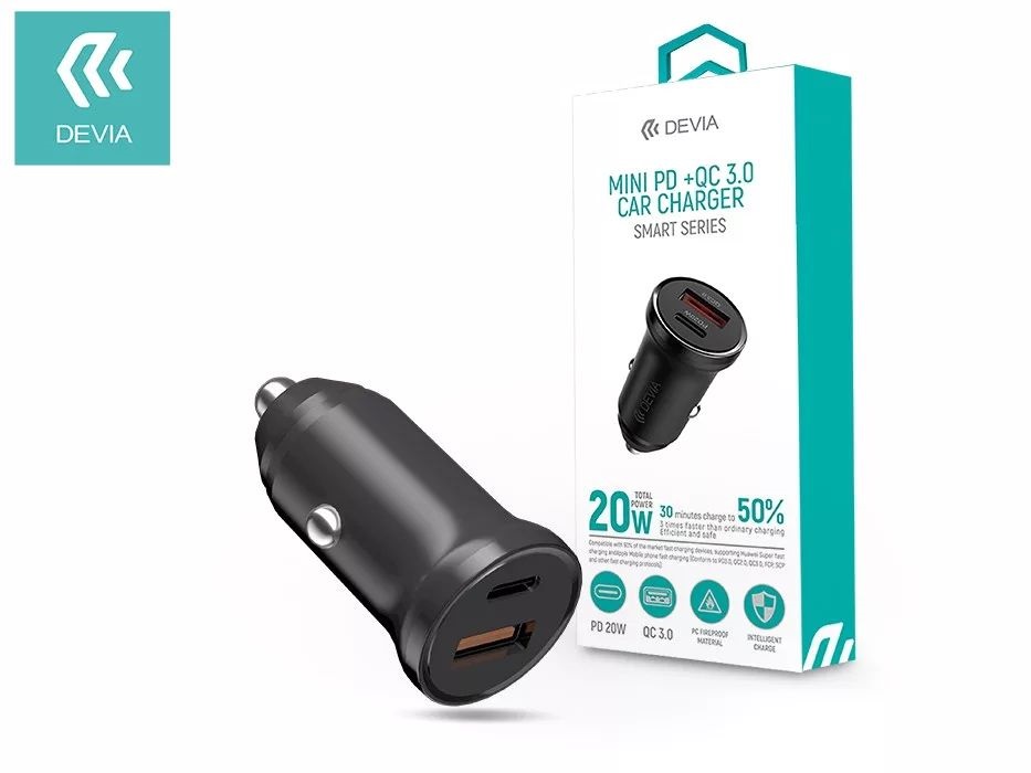 Devia ST359408 Smart Mini 20W USB/Type-C fekete szivargyújtó töltő