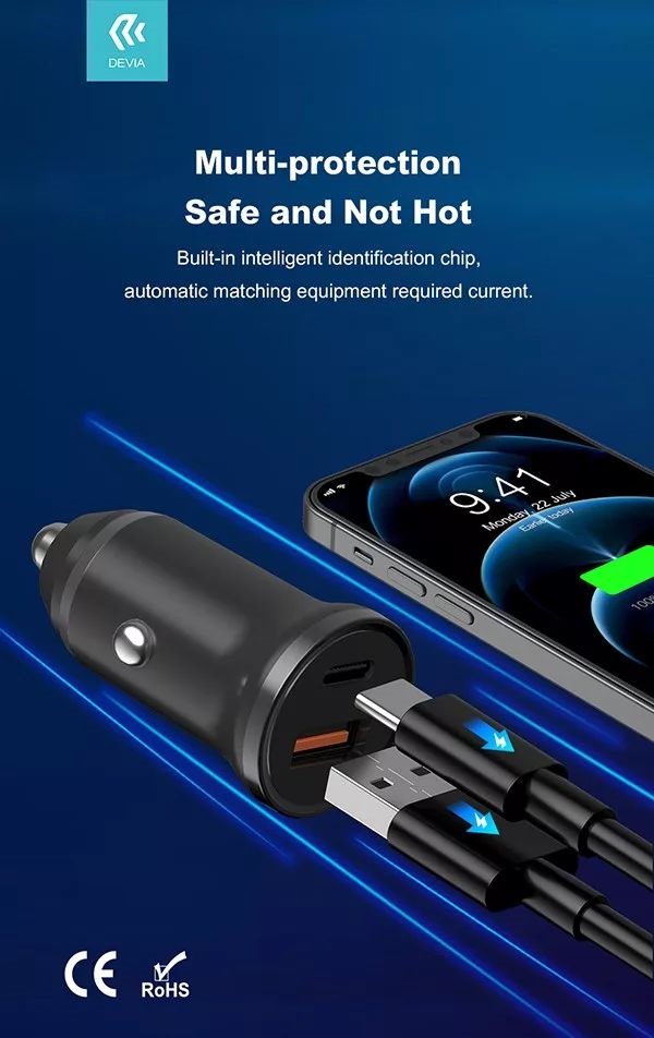 Devia ST359408 Smart Mini 20W USB/Type-C fekete szivargyújtó töltő