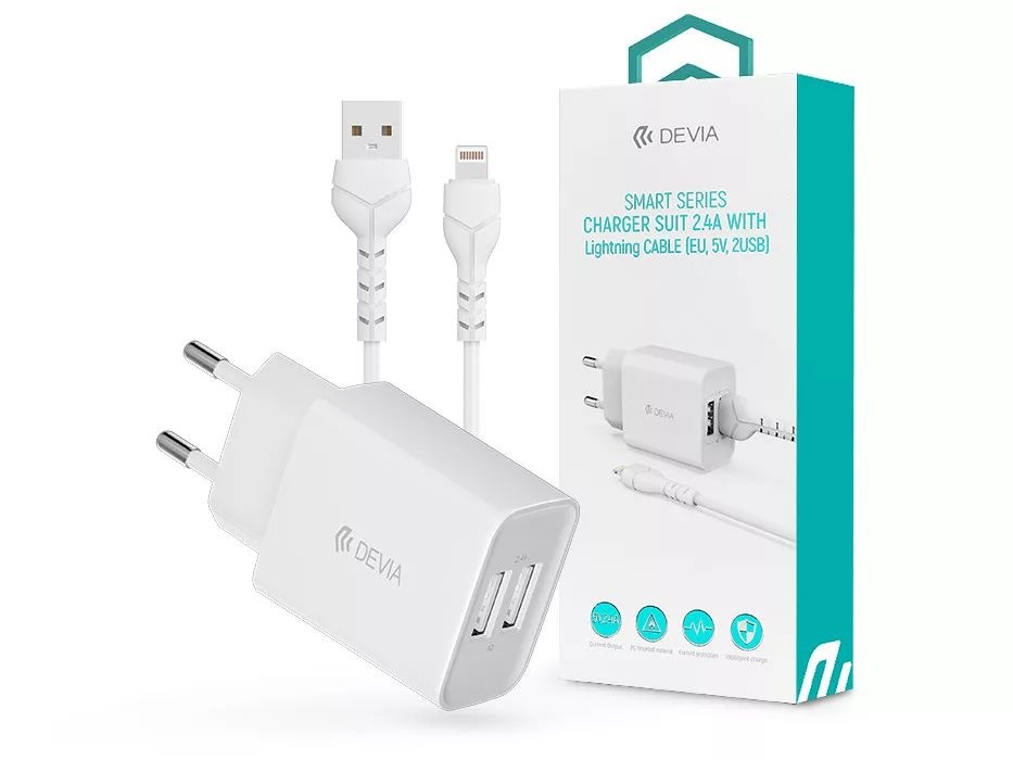 Devia ST361395 5V/2.4A Smart 2xUSB Hálózati töltő adapter + 1 m Lightning kábel