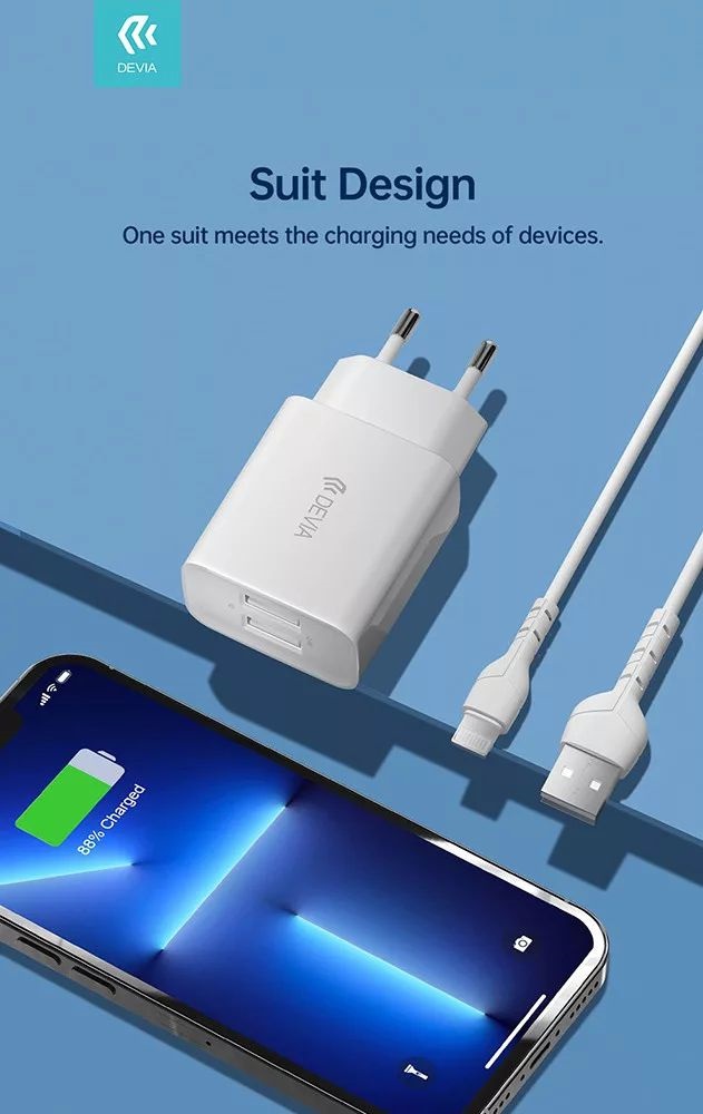 Devia ST361395 5V/2.4A Smart 2xUSB Hálózati töltő adapter + 1 m Lightning kábel