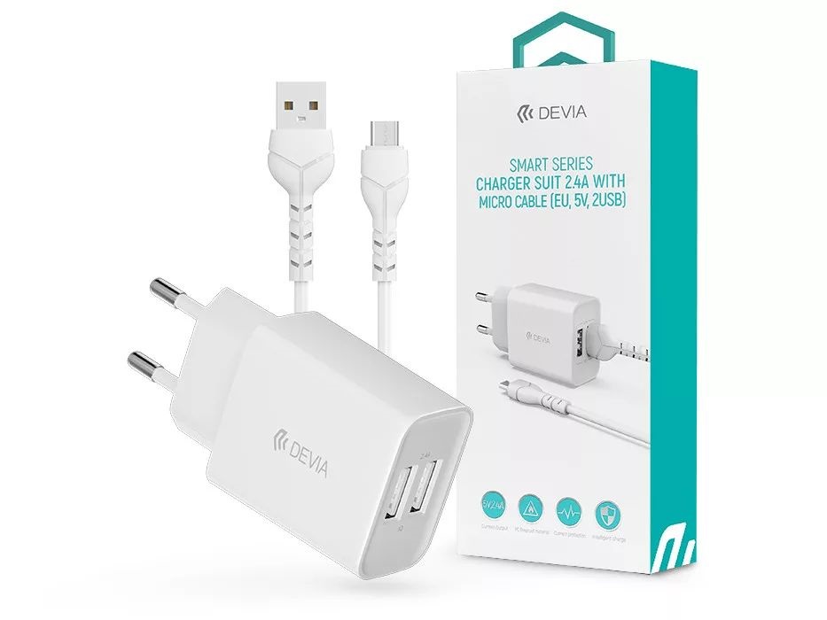 Devia ST364020 5V/2.4A Smart 2xUSB Hálózati töltő adapter + 1 m Micro USB kábel