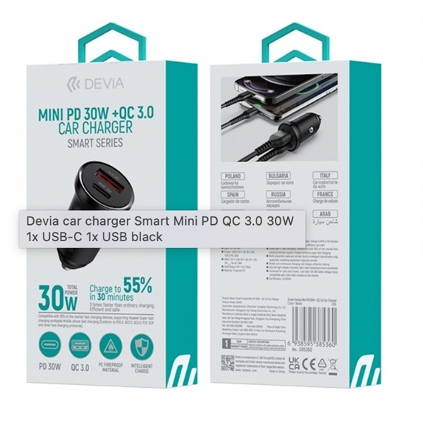 Devia ST385360 Smart Mini PD 30W+QC 3.0 USB+Type-C szivargyújtó töltő adapater