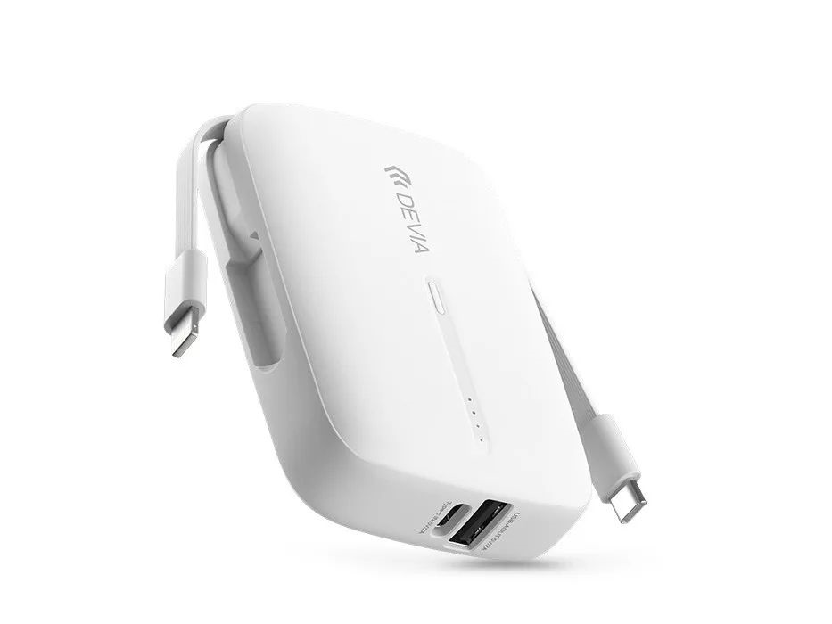 Devia ST387555 Kintone Series 10000mAh fehér USB+Type-C powerbank + Type-C/Lightning kábel