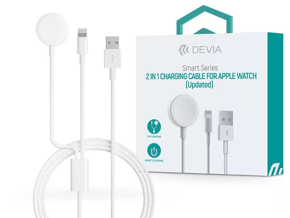 Devia ST394690 Smart Series 2in1 fehér mágneses töltőkábel Apple Watch órához + USB-A - Lightning Kábel