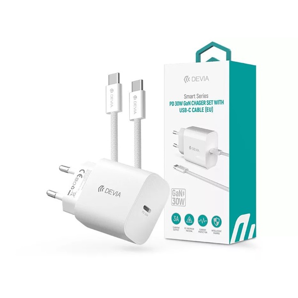 Devia ST399800 Smart Series 30W GaN PD+QC fehér hálózati gyorstöltő adapter + Type-C/Type-C kábel