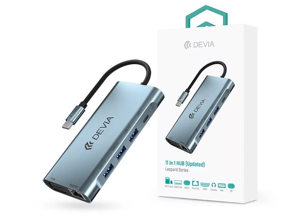 Devia ST399992 Leopard 11in1 3xUSB/Type-C/PD/HDMI/VGA/RJ45/Kártyaolvasó/Jack elosztó adapter Hub