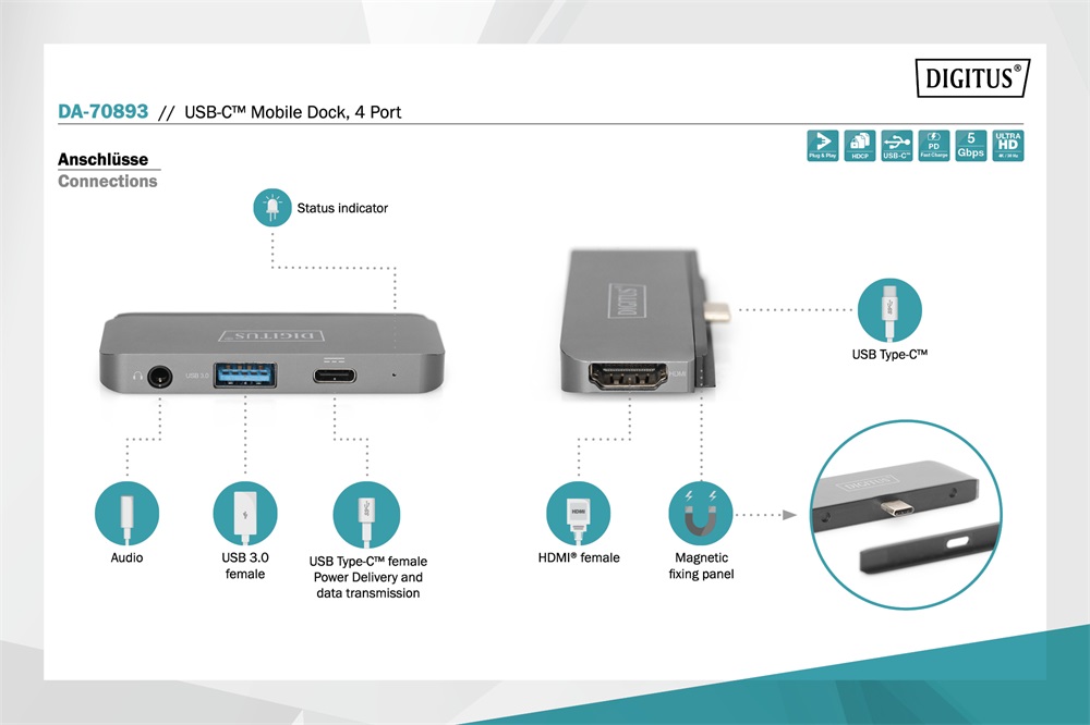 Digitus DA-70893 USB-C 4 portos univerzális mobil dokkoló