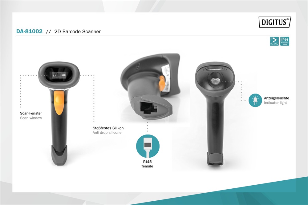 Digitus DA-81002 RJ45/USB 1D/2D kézi vonalkódolvasó USB kit állvánnyal