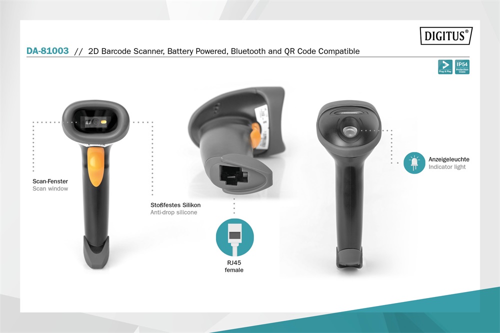 Digitus DA-81003 BT/RJ45/USB 1D/2D kézi vonalkódolvasó USB kit állvánnyal