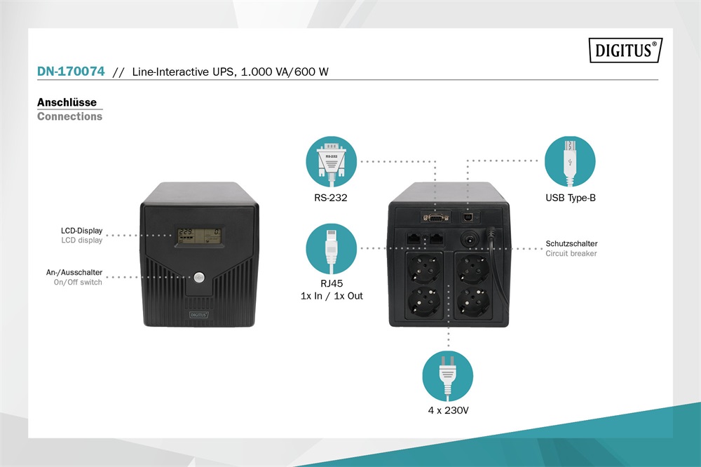 Digitus DN-170074 1000VA LCD szünetmentes tápegység