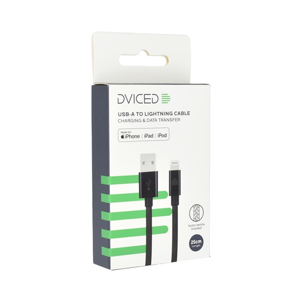 Dviced DV120001 25cm USB A - Lightning fekete szőtt borítású adat- és töltőkábel
