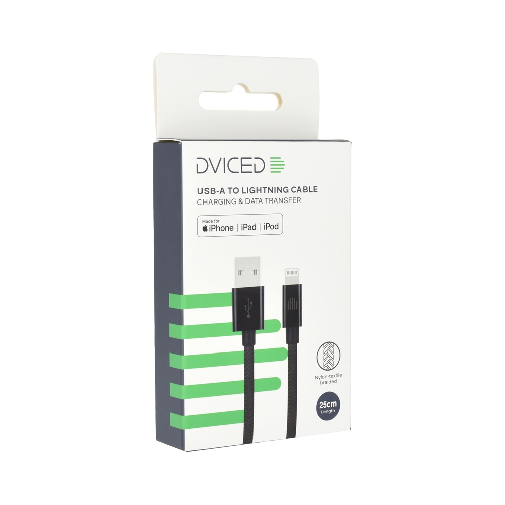 Dviced DV120001 25cm USB A - Lightning fekete szőtt borítású adat- és töltőkábel