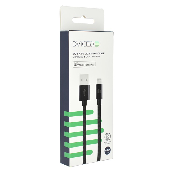 Dviced DV120002 1,25m USB A - Lightning fekete szőtt borítású adat- és töltőkábel