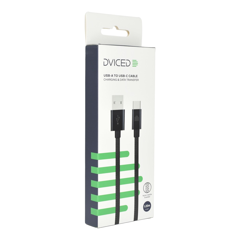Dviced DV120007 1,25m USB A - Type-C fekete szőtt borítású adat- és töltőkábel