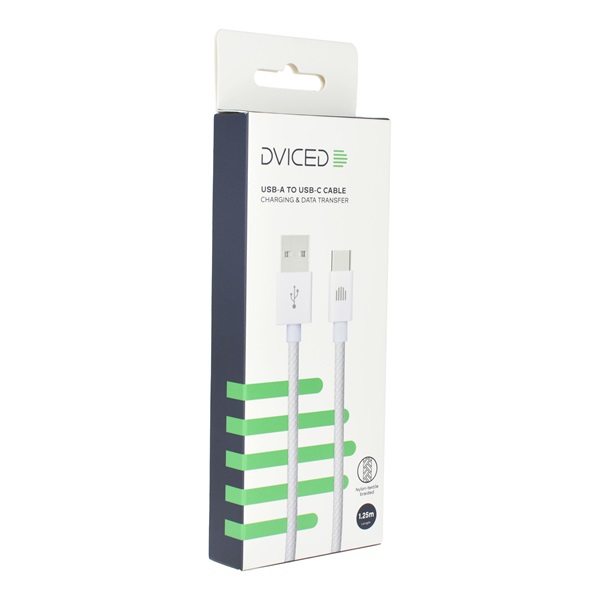 Dviced DV120008 1,25m USB A - Type-C fehér szőtt borítású adat- és töltőkábel