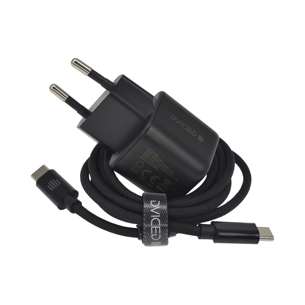 Dviced DV221005 30W Type-C GaN fekete hálózati töltő + Type-C kábel