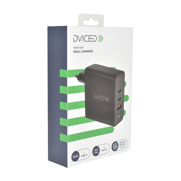 Dviced DV221014 140W 2xType-C/USB GaN fekete hálózati töltő