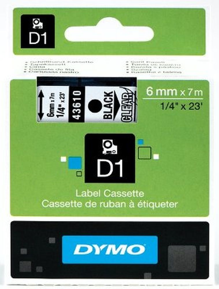Dymo D1 6mmx7m fekete/áttetsző feliratozógép szalag