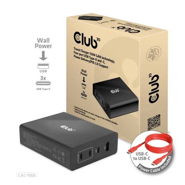 EGY Club3D 132W GAN technology, 4 port USB Type-A and -C, Power Delivery(PD) 3.0 Support - Travel Charger