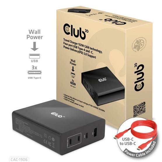 EGY Club3D 132W GAN technology, 4 port USB Type-A and -C, Power Delivery(PD) 3.0 Support - Travel Charger
