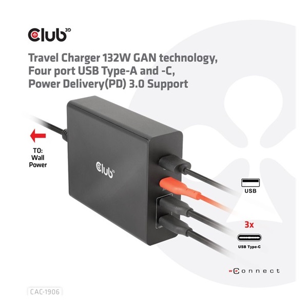 EGY Club3D 132W GAN technology, 4 port USB Type-A and -C, Power Delivery(PD) 3.0 Support - Travel Charger