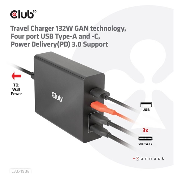 EGY Club3D 132W GAN technology, 4 port USB Type-A and -C, Power Delivery(PD) 3.0 Support - Travel Charger