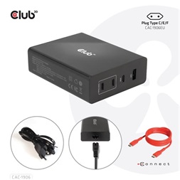 EGY Club3D 132W GAN technology, 4 port USB Type-A and -C, Power Delivery(PD) 3.0 Support - Travel Charger