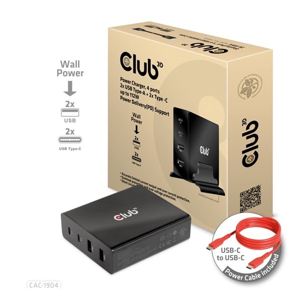 EGY Club3D 4 ports, 2x USB Type-A 2x Type-C up to 112W Power Charger