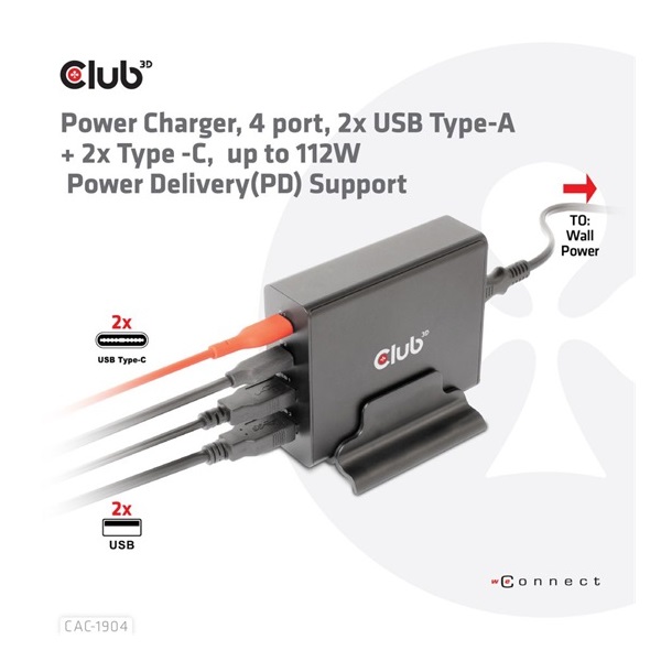EGY Club3D 4 ports, 2x USB Type-A 2x Type-C up to 112W Power Charger