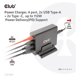 EGY Club3D 4 ports, 2x USB Type-A 2x Type-C up to 112W Power Charger