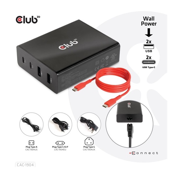 EGY Club3D 4 ports, 2x USB Type-A 2x Type-C up to 112W Power Charger