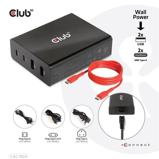 EGY Club3D 4 ports, 2x USB Type-A 2x Type-C up to 112W Power Charger