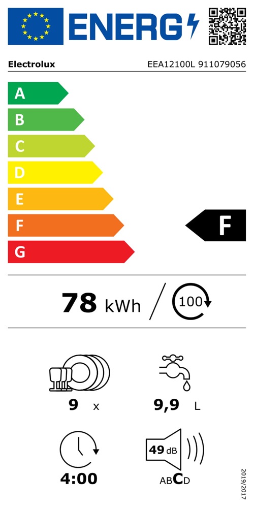 Electrolux EEA12100L programok száma: 5, beépíthető, 9 terítékes mosogatógép 