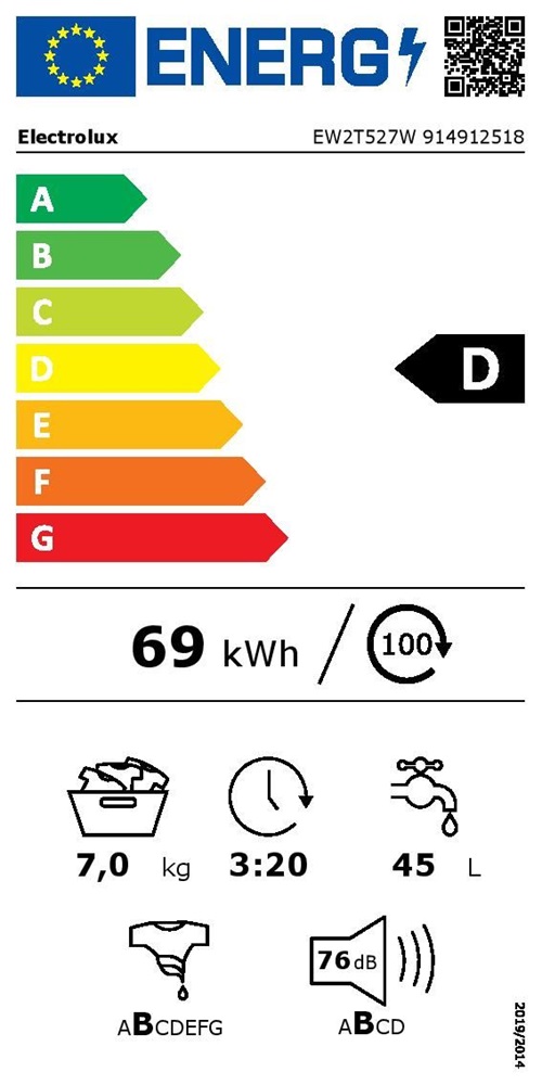 Electrolux EW2T527W fehér, elöltöltős, max.1200ford., 7 kg, mosógép (Újszerű)