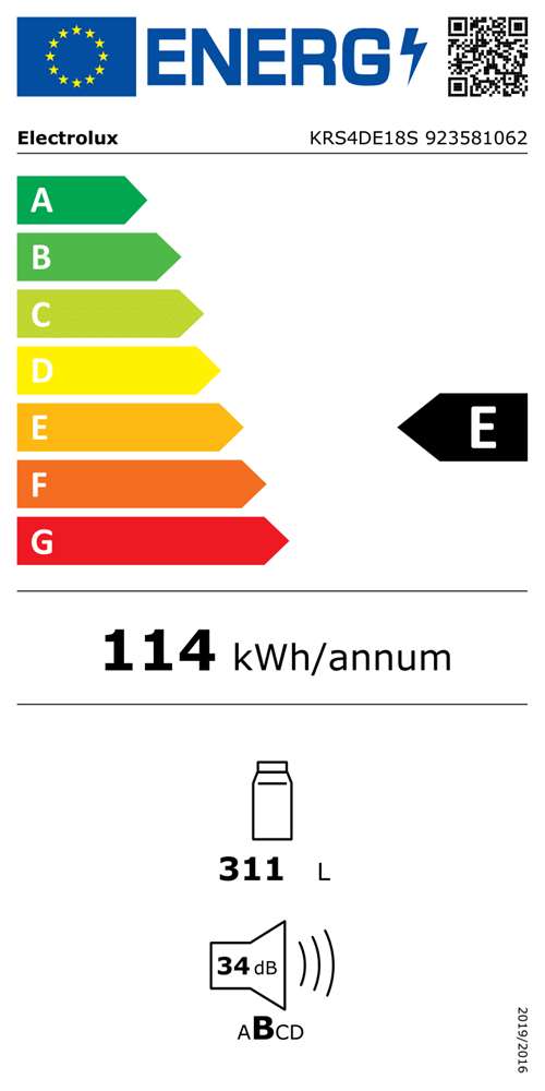 Electrolux KRS4DE18S egyajtós, beépíthető, Hűtő:311L, hűtőszekrény