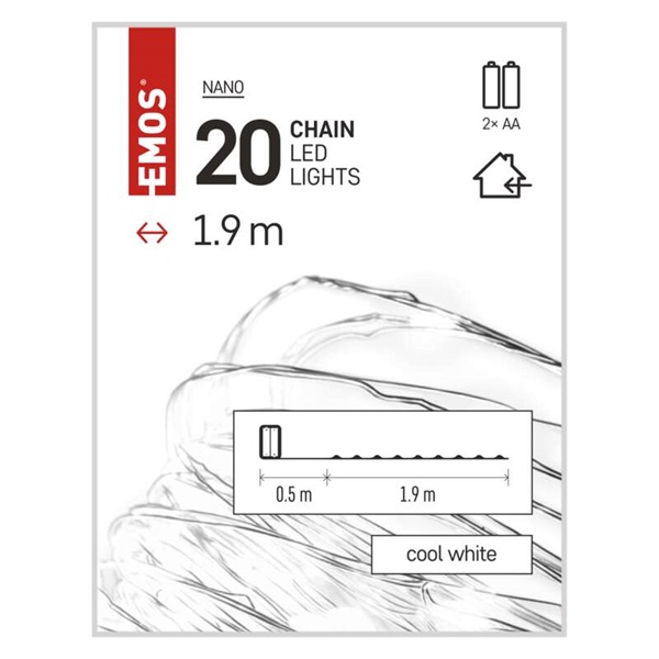 Emos D3AC07 LED 1,9 m/20LED/beltéri/2xAA/időzítős/hideg fehér nano karácsonyi LED fényfüzér