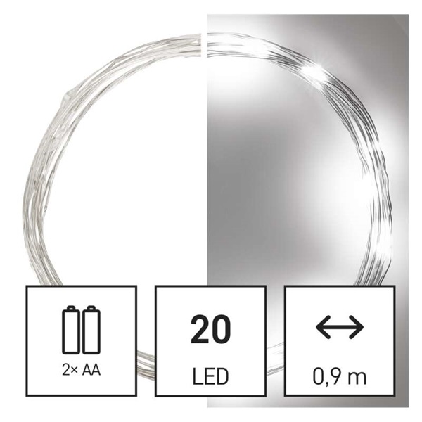 Emos D3AC07 LED 1,9 m/20LED/beltéri/2xAA/időzítős/hideg fehér nano karácsonyi LED fényfüzér