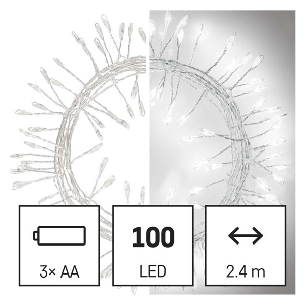 Emos D3FC01 LED 2,4m/100LED/beltéri/3xAA/időzítős/hideg fehér nano karácsonyi LED fényfüzér