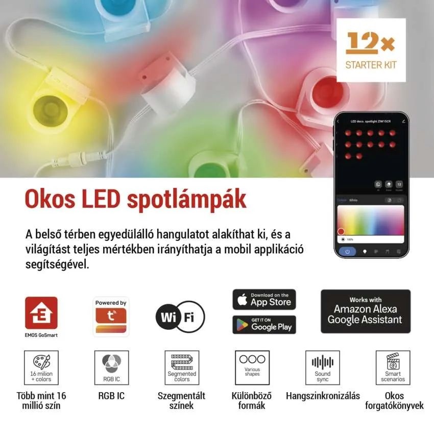 Emos GoSmart 255 cm-es lánc, 12 rész, 7 W, RGBIC+CCT, dimmelhető, WiFi LED reflektor