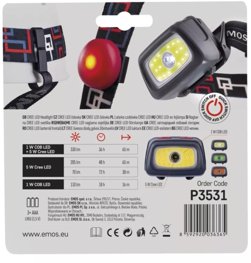 Emos P3531 CREE+COB LED 330lm 3×AAA fejlámpa