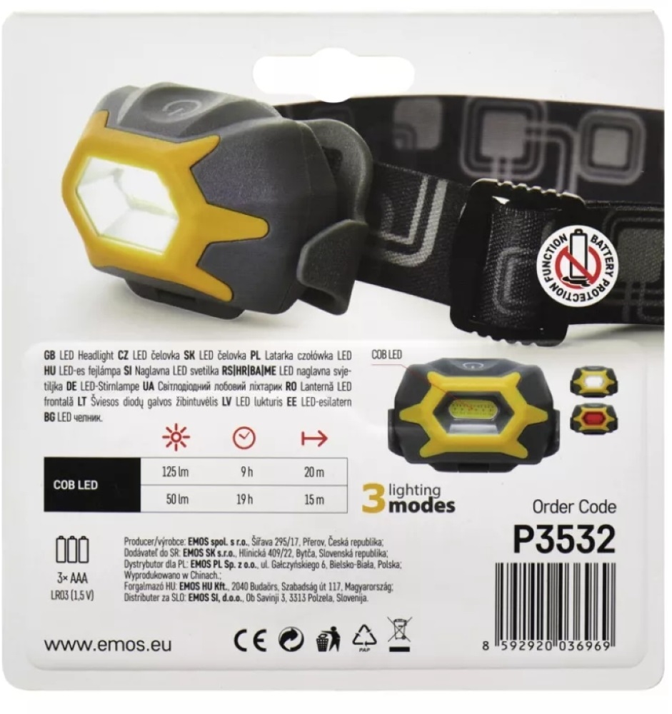 Emos P3532 COB LED 3W 125lm 3×AAA fejlámpa