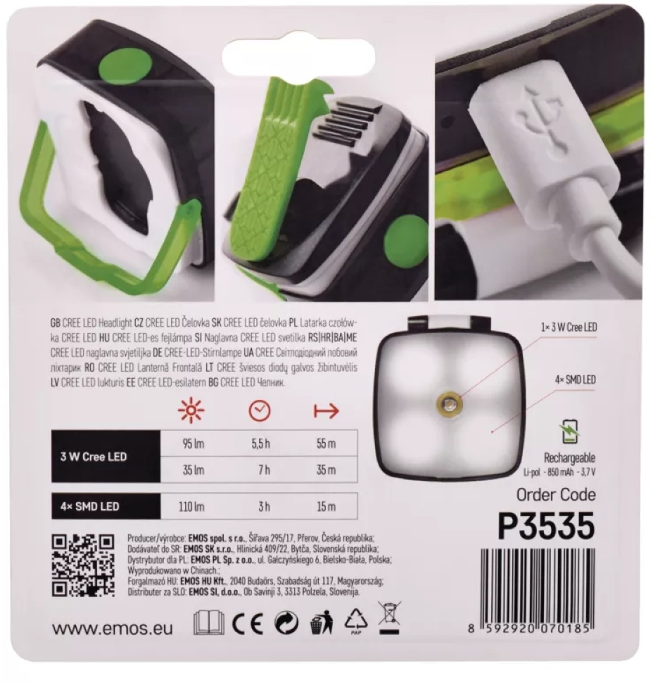 Emos P3535 CREE+SMD LED 110lm tölthető fejlámpa