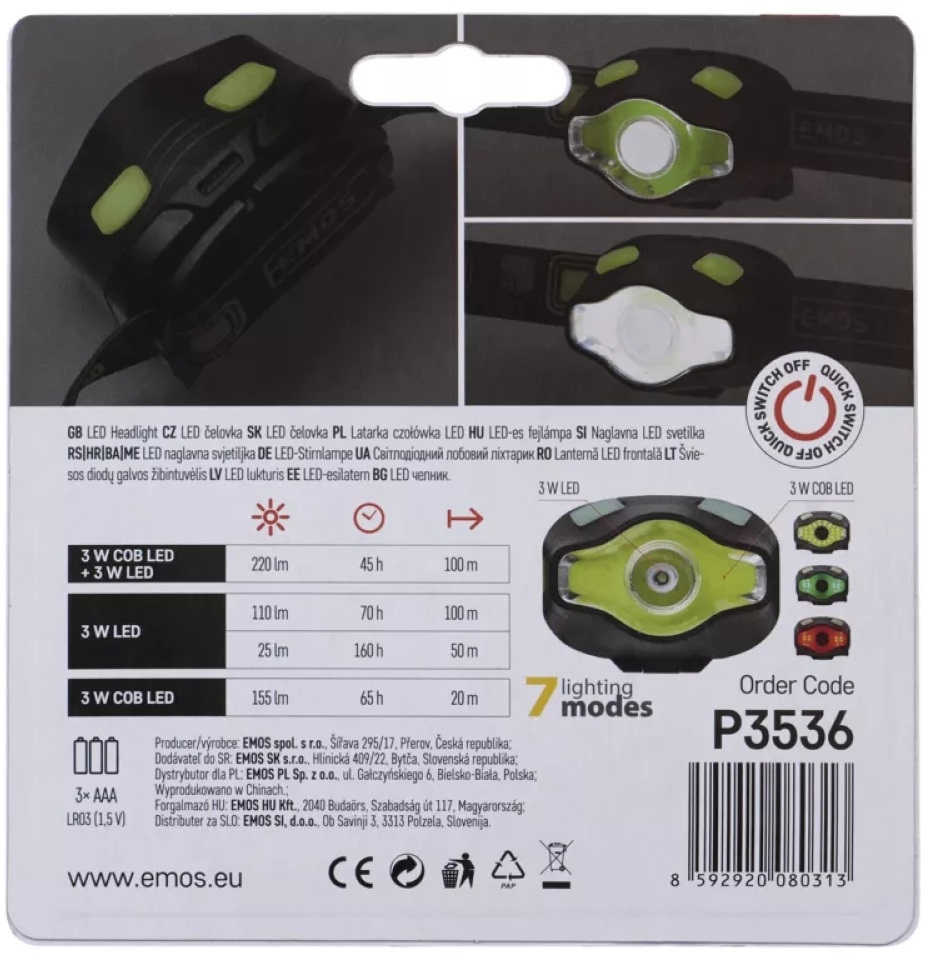 Emos P3536 COB LED 220lm tölthető fejlámpa