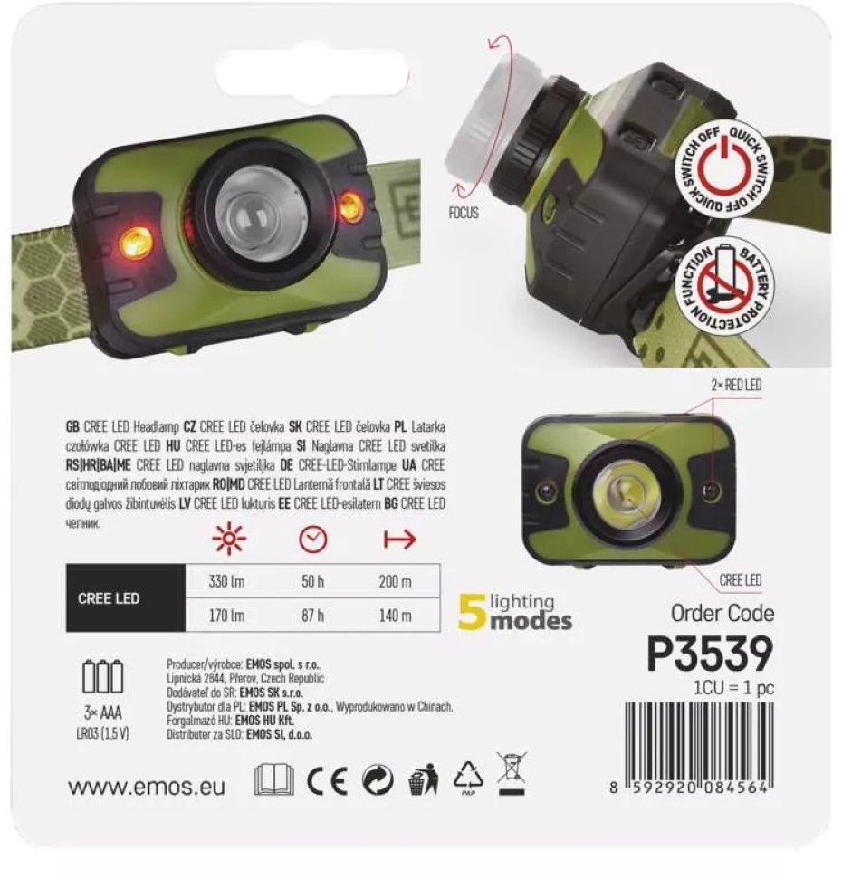 Emos P3539 CREE LED + 2x piros LED 330lm 3xAAA fejlámpa