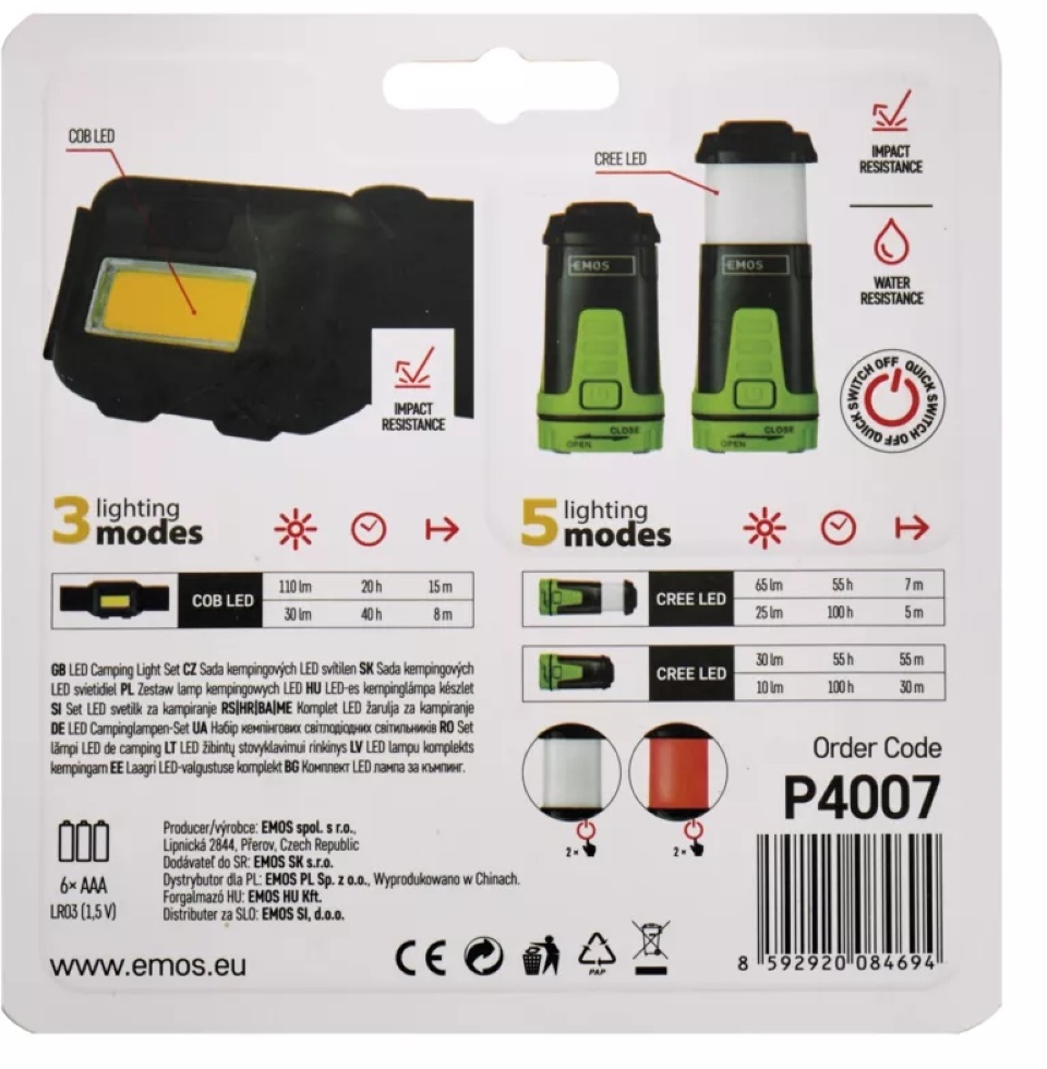 Emos P4007 COB LED fejlámpa készlet + mini kempinglámpa
