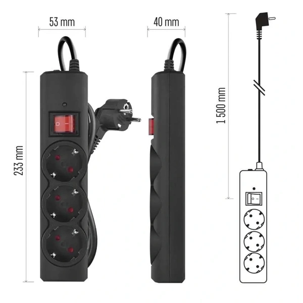 Emos P54214 1,5m 380J SCHUKO 3 csatlakozós fekete túlfeszültség védett elosztó