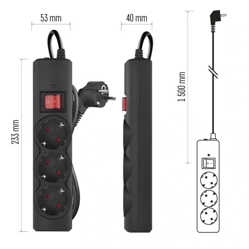 Emos P54214 1,5m 380J SCHUKO 3 csatlakozós fekete túlfeszültség védett elosztó